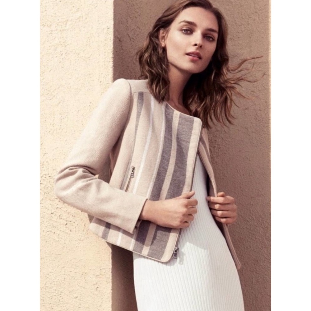 BCBGMaxAzria Holden Linen Blend Striped Beige Biker Jacket Size Small (S)